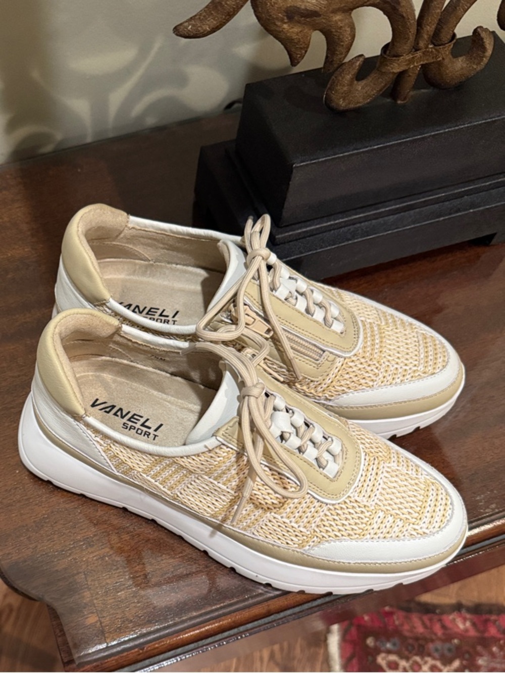 Vaneli Tan Neutral Knit Lace-Up Sneakers in Beige and White